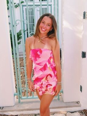 Strapless Pink Floral Mini Dress